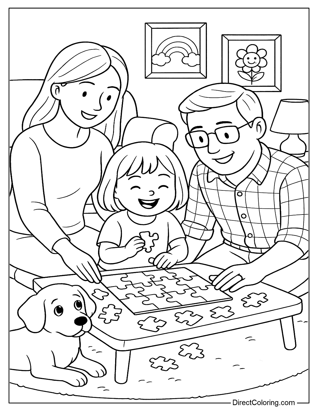 coloring page of a family playing a puzzle on the table, with happy expressions